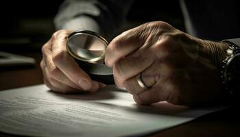 caucasien homme d'affaire examiner document avec grossissant verre pour réussi Contrat généré par ai photo