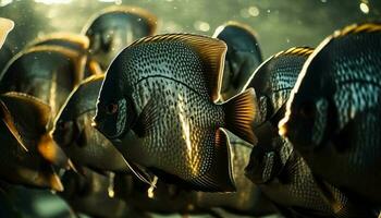 multi coloré école de poisson nager dans tropical récif bleu des eaux généré par ai photo