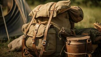 un la personne sac à dos par forêt avec militaire équipement pour exploration généré par ai photo