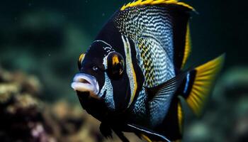 Jaune et rayé pitre poisson nager dans corail récif beauté généré par ai photo