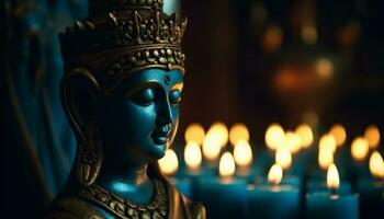 méditer statue illuminé par embrasé bougie, symbolisant ancien spiritualité généré par ai photo