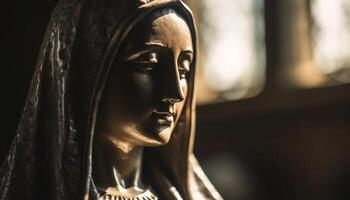 un femme prier à le statue de une Christian Dieu généré par ai photo