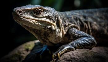 vert lézard repos sur bifurquer, à la recherche à caméra dans Afrique généré par ai photo