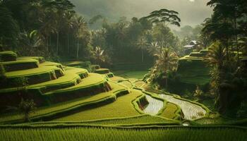 riz paddy croissance contrôles balinais paysage, une nourriture agrafe industrie modèle généré par ai photo