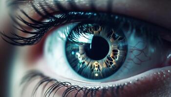 bleu iris en regardant, proche en haut de Humain œil, futuriste La technologie généré par ai photo