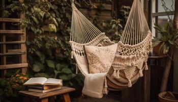 confortable oreiller sur rustique hamac, en train de lire Littérature dans tranquille la nature généré par ai photo