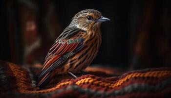 petit Jaune oiseau chanteur se percher sur bifurquer, rayé plumes, mignonne portrait généré par ai photo