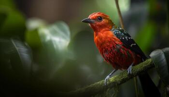 Masculin oiseau se percher sur bifurquer, vibrant plumes dans tropical forêt généré par ai photo