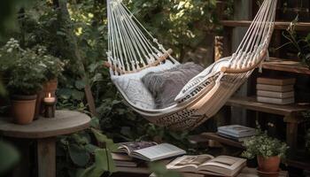 confortable hamac balançoire pour en train de lire et repos dans la nature tranquillité généré par ai photo