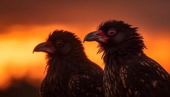 silhouette de coq à coucher de soleil, plumes rétro-éclairé dans Jaune généré par ai photo