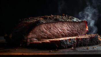 grillé steak filet cuit rare, fumé avec charbon et pimenter généré par ai photo