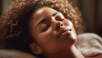 un Jeune femme, yeux fermé, serein, profiter intérieur relaxation généré par ai photo