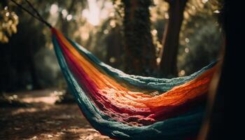 vibrant indigène textile modèle décore vieux arbre dans tranquille forêt généré par ai photo