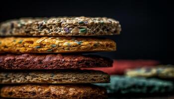 indulgent fait maison Chocolat puce biscuits sur bois tableau, mauvais pour la santé indulgence généré par ai photo