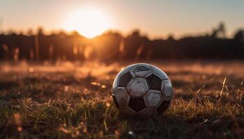 en jouant football à le coucher du soleil sur une herbeux champ en plein air généré par ai photo
