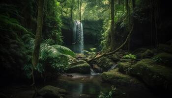 tranquille scène de écoulement l'eau dans tropical forêt tropicale paradis généré par ai photo