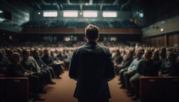 grand groupe de gens séance dans salle en train de regarder présentation généré par ai photo