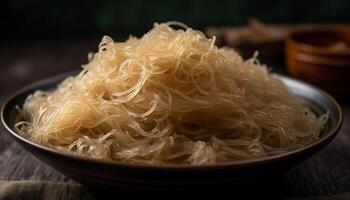 gourmet porc ramen nouilles dans Jaune bol sur en bois table généré par ai photo