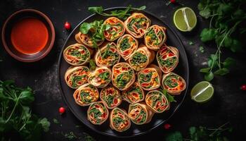 fraîchement grillé du boeuf taco avec guacamole, coriandre, et citron vert coin généré par ai photo