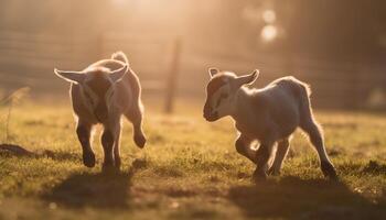 Jeune bétail pâturage sur vert Prairie à le coucher du soleil généré par ai photo