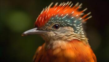 petit oiseau se percher sur bifurquer, proche en haut de coloré plumes généré par ai photo