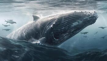 majestueux à bosse baleine dans Profond bleu mer, une Naturel beauté généré par ai photo