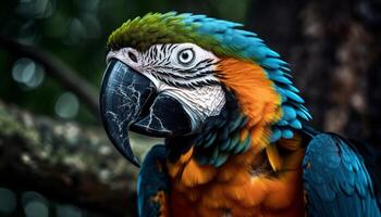 multi coloré ara se percher sur branche dans tropical forêt tropicale généré par ai photo