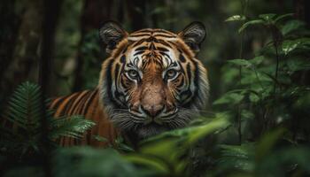 majestueux Bengale tigre regarder avec agression dans tropical forêt tropicale généré par ai photo