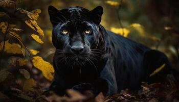 Jaune regardé félin regarder à caméra dans foncé forêt généré par ai photo