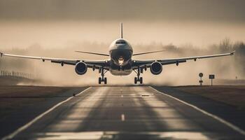 en volant avion prise de à crépuscule sur aéroport piste généré par ai photo