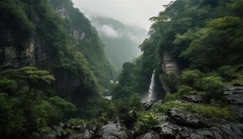 Montagne de pointe en hausse haut, entouré par luxuriant vert forêt généré par ai photo