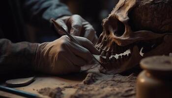 artisan compétence dans sculpture Humain des os pour Halloween atelier généré par ai photo