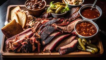 grillé du boeuf steak sur en bois plaque, prêt à manger, rustique gourmet repas généré par ai photo