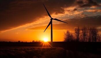 silhouette de Moulin à vent tournant lames exploiter renouvelable énergie à crépuscule généré par ai photo