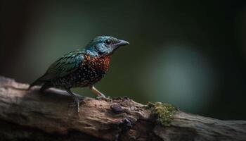 multi coloré étourneau se percher sur bifurquer, en train de regarder insecte dans herbe généré par ai photo