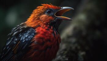 majestueux oiseau se percher sur bifurquer, concentrer sur vibrant plumes généré par ai photo