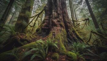 tranquille scène de vieux croissance forêt dans tempéré forêt tropicale généré par ai photo