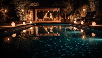 luxe bassin illuminé à nuit, reflétant tranquille tropical alentours généré par ai photo