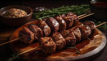 grillé Viande brochette, porc et bœuf, avec sarriette sauce généré par ai photo