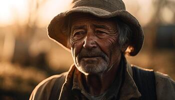 sérieux agriculteur vieillissement gracieusement, à la recherche à caméra avec sagesse généré par ai photo