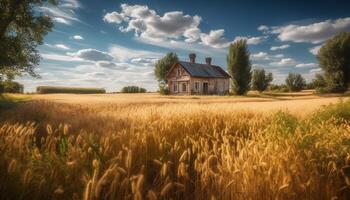 tranquille rural scène le coucher du soleil plus de blé prairie, vieux ferme généré par ai photo