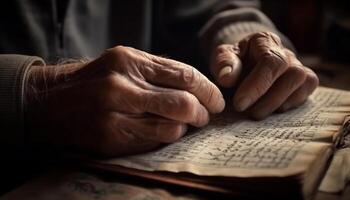 Sénior Hommes en train de lire Bible, prier à Dieu pour spiritualité et sagesse généré par ai photo