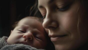 serein mère embrasse en train de dormir nouveau née fille dans proche en haut portrait généré par ai photo