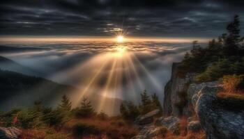 majestueux Montagne de pointe reflète tranquille le coucher du soleil dans foncé forêt généré par ai photo