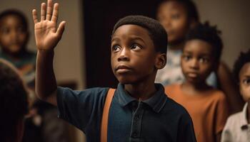 souriant école les enfants de multi ethnique groupe en train d'étudier à l'intérieur Heureusement généré par ai photo