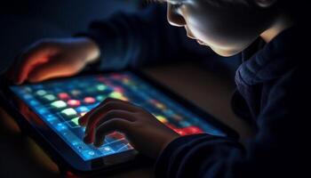 les enfants en jouant avec technologie, apprentissage et ayant amusement à nuit généré par ai photo