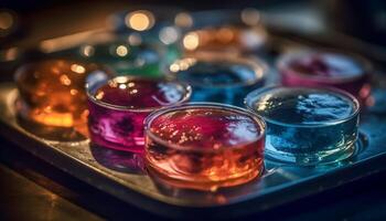 vibrant couleurs de liquide peindre décorer verre bouteille sur table généré par ai photo