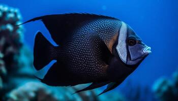 coloré pitre poisson nager dans paysage marin, au dessous de rayé corail généré par ai photo