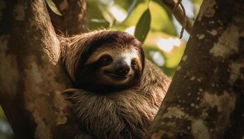 proche en haut de espiègle singe séance sur branche dans tropical forêt tropicale généré par ai photo