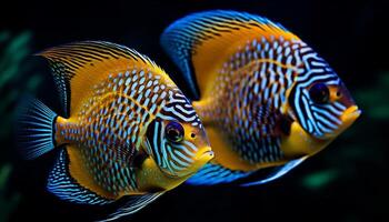 vibrant rayé pitre poisson nager dans coloré récif Contexte sous-marin généré par ai photo